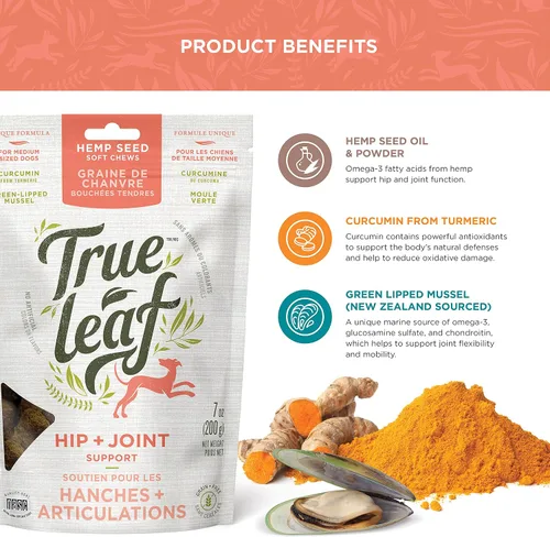 Vista 4 de True Leaf Pet Hemp Hip + Joint Chews 7.05 oz - Apoya la movilidad con ingredientes naturales - Mejillón de labios verdes, extracto de cúrcuma