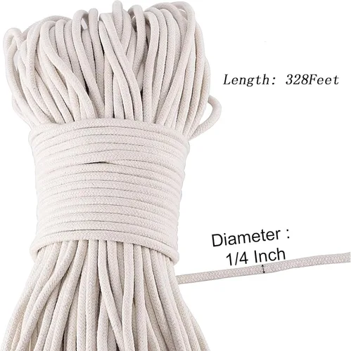 Vista 2 de MOUYAT Cuerda de algodón natural de 328 pies x 1/4 pulgadas, cordón de algodón trenzado multiusos para colgar ropa, macramé, colgador de plantas