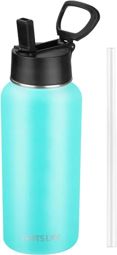 Vista 10 de Botella de agua aislada con popote, botella de agua deportiva de acero inoxidable aislada al vacío de 32 onzas, mantiene el frío y el calor, botella