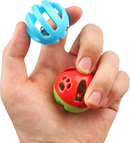 Vista 6 de QUOZUO Paquete de 24 bolas de plástico para gatos, bolas de celosía con campana, juguete de gatito, bola de arcoíris, estilos de caja de regalo