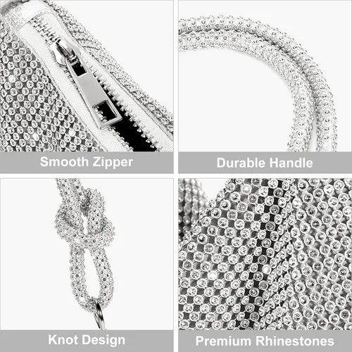 Vista 2 de Monederos con diamantes de imitación para mujer, elegante bolso de noche brillante, bolso de mano plateado brillante para fiesta