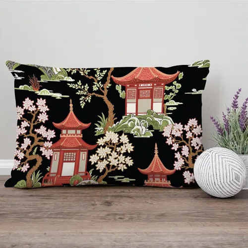 Vista 135 de ArogGeld Funda de cojín con flores verdes y blancas con flores grises y negras y hojas verdes en estilo chinoiserie, funda de almohada cuadrada