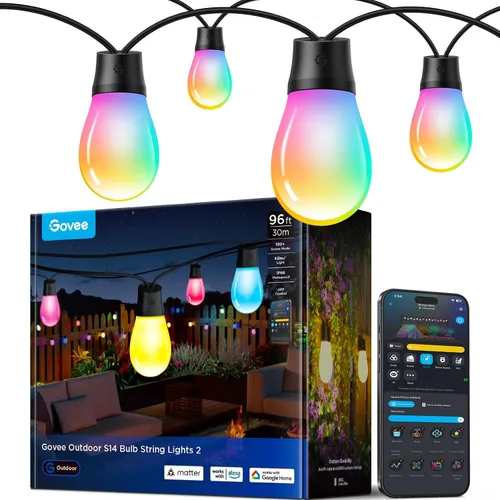 Vista 11 de Govee Guirnalda de luces S14 para exteriores, luces inteligentes RGBIC de 48 pies de color blanco cálido con 15 bombillas LED, 111 modos de escena