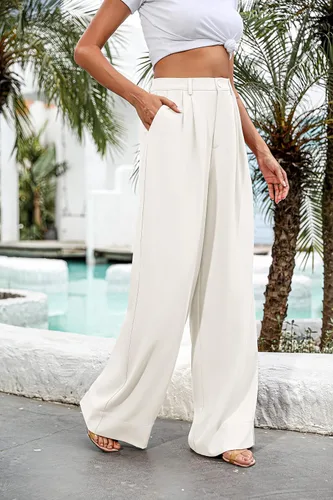 Vista 5 de Kocowoo Women Casual Wide Leg Pants Button Down Straight Long Trousers Pants Elastic High Waist Dress Pants for Women