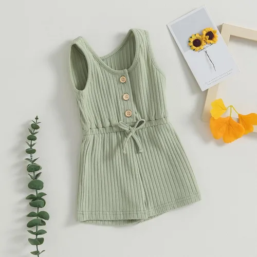 Vista 88 de Traje de verano para niña pequeña, de manga corta, acanalado, overol liso, pantalones cortos, ropa para recién nacidos
