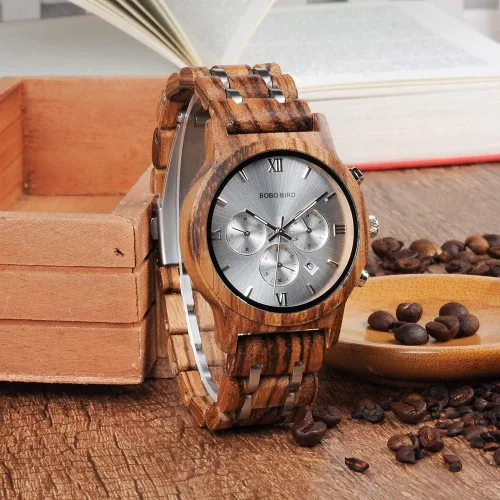 Vista 5 de BOBO BIRD Relojes de madera para hombre, correa de metal de madera de lujo, cronógrafo y visualización de fecha, reloj de cuarzo versátil