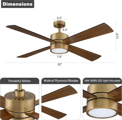 Vista 6 de Parrot Uncle Ventiladores de techo de 52 pulgadas con luces y control remoto, ventilador de techo dorado con luz de perfil bajo para dormitorio, LED