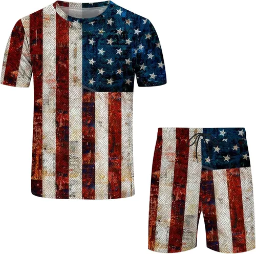 Vista 4 de 2023 Men's Casual Sports Suit American Flag 2 Piece Outfits Summer 4th of July Tracksuit Sets Stylish Tshirt and Shorts Set