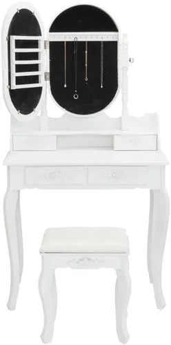 Vista 4 de Juego de mesa de tocador para tocador, mesa de maquillaje de madera, espejo ovalado, mesa de maquillaje para dormitorio con 4 cajones y taburete