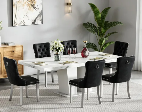 Vista 36 de Juego de mesa de comedor extensible de 5 piezas con 4 sillas de tela, mesa extensible marrón con base negra, juego moderno de comedor de madera