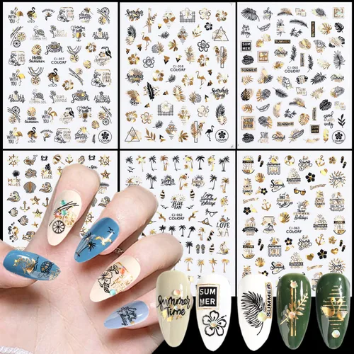 Vista 8 de Calcomanías de arte de uñas doradas, diseño de sol, luna, estrellas, línea de corazón, flores, calcomanías autoadhesivas para uñas, calcomanías