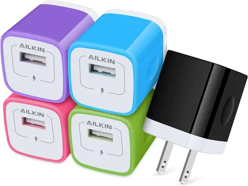 Vista 8 de Cargador de pared USB multipuerto de 1 puerto, adaptador de cargador, paquete de 5 enchufes de carga rápida de 1 amperio, enchufe USB ac Cube