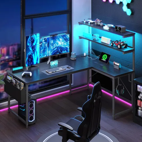 Vista 8 de DurayLoly Escritorio en forma de L para juegos con luz LED y toma de corriente, escritorio reversible en forma de L para computadora de 43.3
