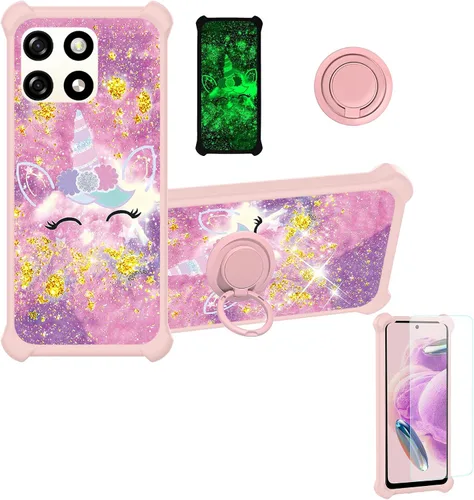 Vista 25 de jioeuinly Funda compatible con Oukitel P1 Pro con protector de pantalla de vidrio templado, policarbonato duro + silicona suave, soporte de anillo