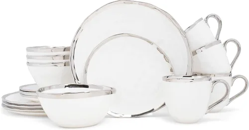 Vista 7 de Elanze Designs Juego de vajilla de 16 piezas de platos, tazones y tazas de porcelana cerámica con burbuja metálica - Servicio para 4, negro