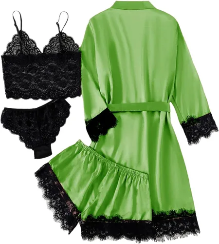 Vista 2 de LYANER Conjunto de pijama de 4 piezas para mujer con ribete de encaje floral satinado con bata