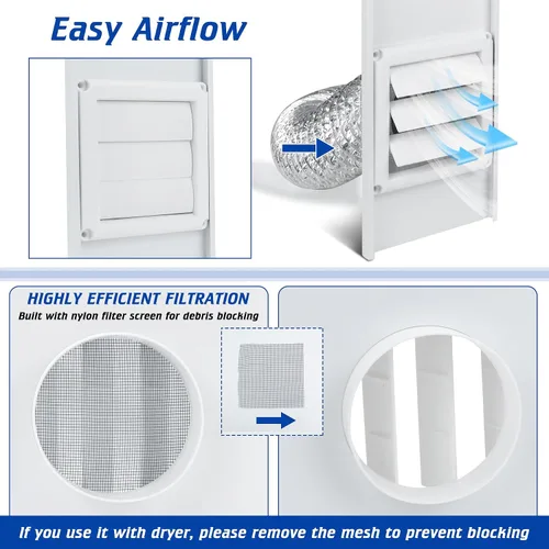 Vista 4 de Kit de ventana de ventilación para secadora con tapa de ventilación con solapas móviles, diseñado para manguera de secadora con 4 pulgadas