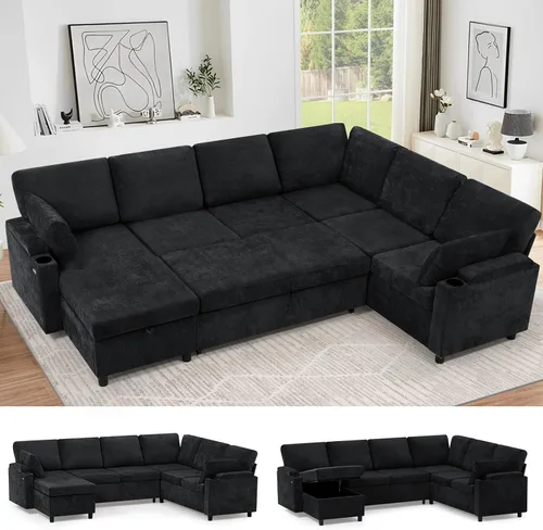 Vista 16 de Sofá modular de felpilla de 85 pulgadas con cama extraíble y Marrón