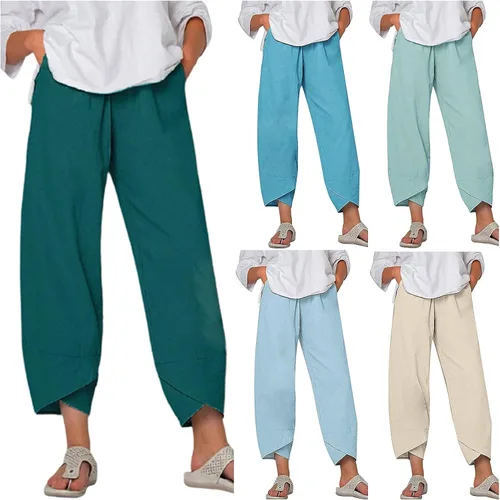 Vista 3 de JEGULV Linen Pants for Women Casual Summer Palazzo Lounge Pants Lightweight Elastic Waist Baggy Crop Trousers