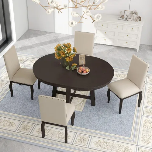 Vista 16 de Harper & Bright Designs Juego de comedor redondo extensible de madera de 42 a 58 pulgadas para 4-6, juego de mesa de cocina de 5 piezas con 4 sillas