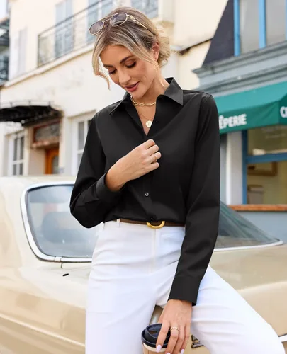 Vista 5 de siliteelon Camisas con botones para mujer, con protección contra manchas, de manga larga, sin arrugas, blusas de oficina