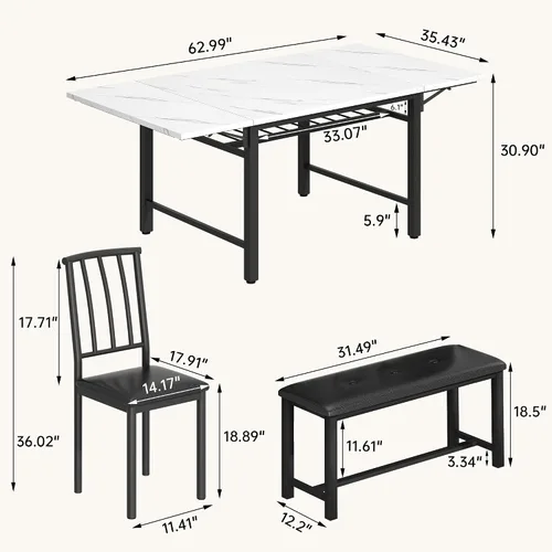 Vista 5 de AWQM Mesa de comedor de 4 piezas de mármol sintético con estante de almacenamiento, juego de mesa de rincón de desayuno que ahorra espacio con 2