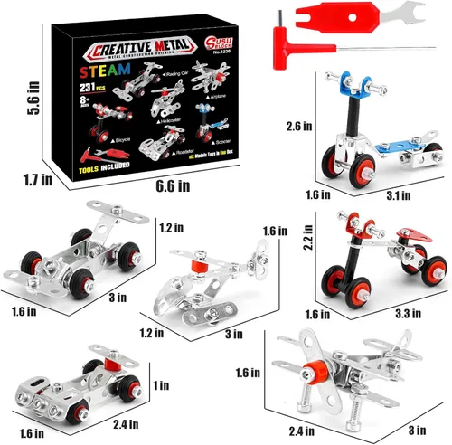 Vista 6 de BESTYMXY Juego de modelos de metal para autos y aviones, modelo de kit de construcción, 231 piezas, 6 modelos, juguetes de construcción de proyectos