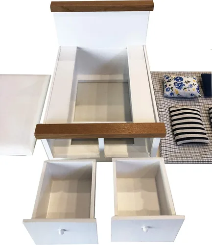Vista 6 de Juego de ropa de cama tamaño Queen, mini accesorios de dormitorio para muñecas de 6 pulgadas, ropa de cama gris, marco de madera blanco, escala 1/12