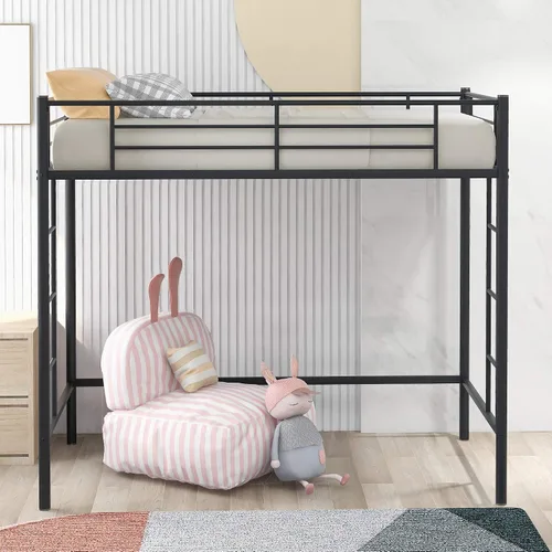 Vista 3 de Cama alta individual para niños, marco de cama alta resistente con 2 escaleras y barandillas de protección, cama alta moderna para dormitorio