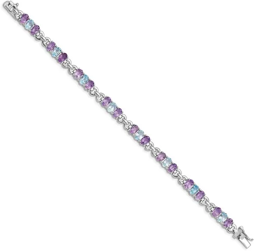 Vista 2 de Pulsera maciza de plata de ley 925 rodiada con amatista y topacio azul, Plata de ley, Amatista