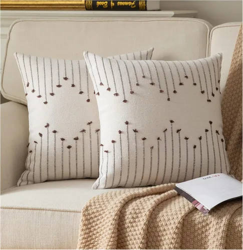 Vista 9 de Fundas de almohada boho de 12 x 20 pulgadas, juego de 2 almohadas decorativas para cama, fundas de almohada neutras color beige con línea negra