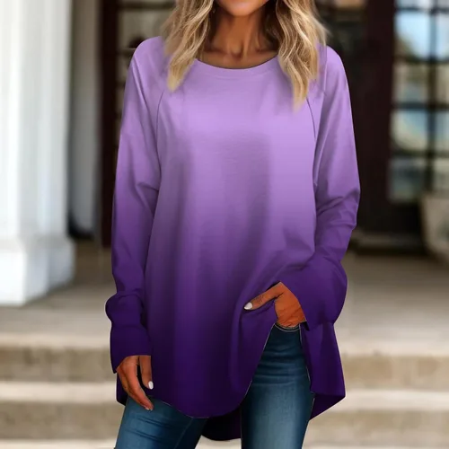 Vista 3 de Atuendos de otoño para mujer con estampado de cuello redondo, sin botones, manga larga, cómodas, elegantes, sudaderas para ocultar el vientre