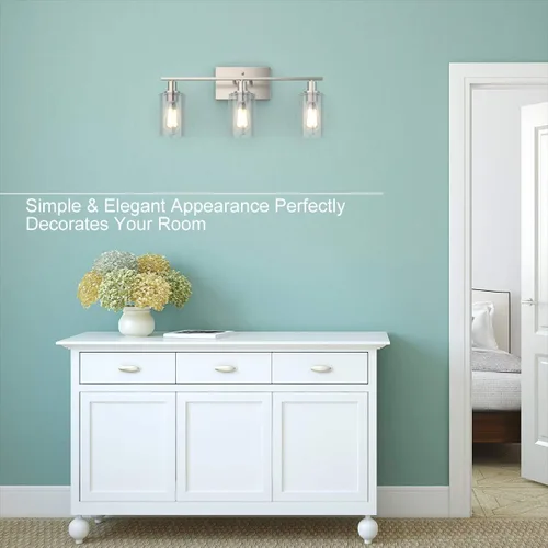 Vista 3 de Tangkula Lámparas de tocador de baño de 3 luces, apliques de pared modernos con pantalla de vidrio transparente con base E26, iluminación de pared