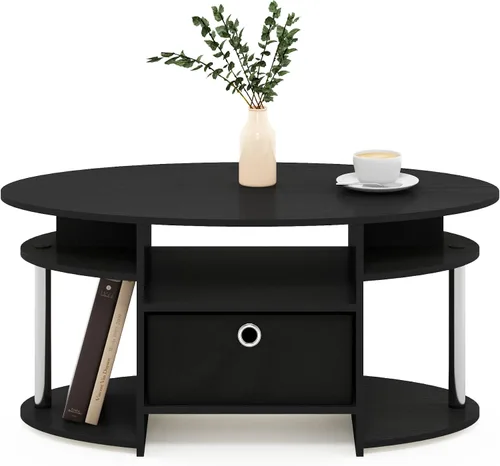 Vista 4 de Furinno Jaya Mesa de Centro Ovalada de Diseño Simple con Contenedor para Sala de Estar, Americano/Cromo/Negro