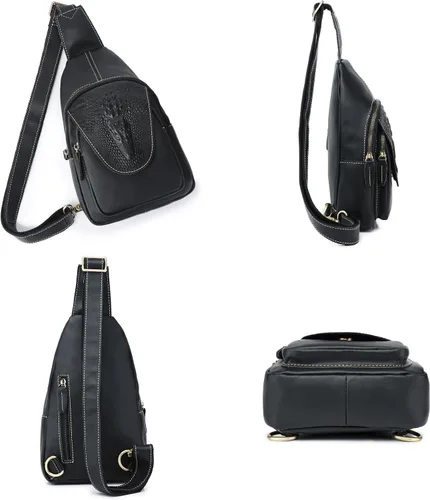 Vista 2 de Bolso bandolera de cuero genuino para hombres y mujeres, mochila en el pecho, bandolera, casual, al aire libre