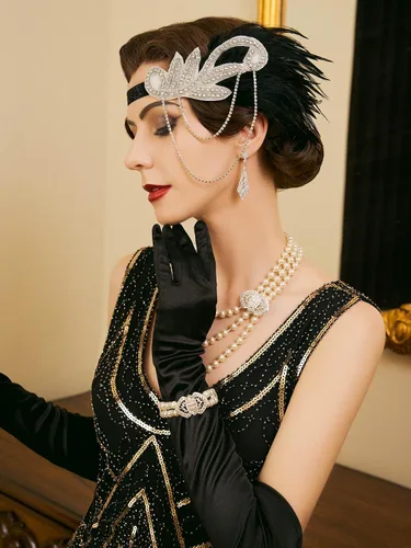 Vista 2 de SWEETV 1920s Flapper Accessories Set for Women, Roaring 20s Great Gatsby Headband Flapper Costume Accessories