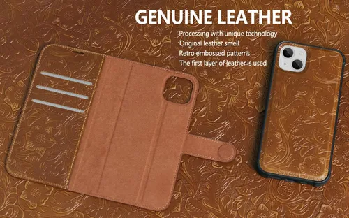 Vista 6 de Funda de cuero compatible con iPhone 13 Pro Wallet de 6.1 pulgadas, piel auténtica 2 en 1, magnética, desmontable, a prueba de golpes, funda