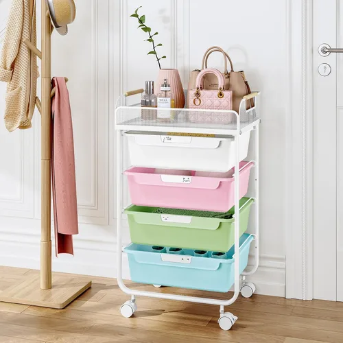 Vista 9 de SYKIARIOL Carrito Rodante con 4 Cajones, Carrito Utilitario Rodante de 4 Niveles Carrito de Manualidades, Carrito de Almacenamiento Rodante