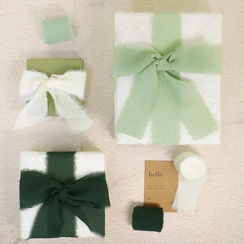 Vista 7 de Cinta de gasa de seda con flecos de 1-1/2 pulgadas x 16.5 yardas, 3 rollos de cintas hechas a mano para envoltura de regalos, invitaciones de boda