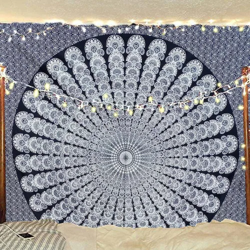 Vista 36 de Tapiz hippie indio bohemio psicodélico dorado azul pavo real mandala colgante en la pared (negro blanco, Queen (84 x 90 pulgadas) (84.6 x 90.6 in)