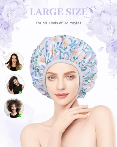 Vista 5 de Gorro de ducha reutilizable con forro de rizo, gorro de ducha grande para mujer, gorro de ducha impermeable de triple capa para cabello largo
