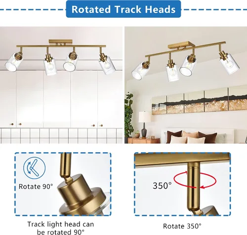 Vista 2 de MELUCEE Kit de Iluminación de Riel de 4 Luces, Luminarias de Latón para Tocador de Baño con Cabezal de Riel Ajustable, Lámpara de Techo Tipo Foco