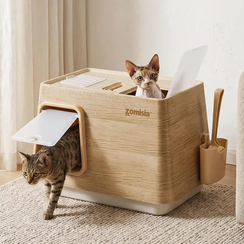 Vista 9 de ZOMISIA Caja de arena para gatos de acero inoxidable, caja de arena cubierta extra grande con tapa, cuchara, filtro de control de olores, cajas