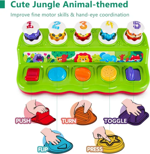 Vista 2 de Juguetes de 1 año para niños y niñas, regalo de cumpleaños, causa y efecto, juguete desplegable de animales con música y luz para niños pequeños