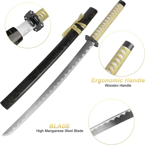 Vista 4 de Espada katana japonesa samurái – Hoja de espiga completa de acero al carbono real sin afilar, espada tradicional de práctica de Iaido