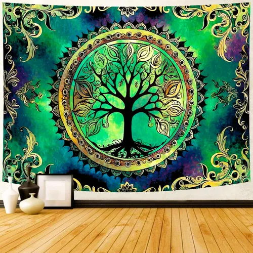 Vista 8 de Delur Tapiz de bosque con diseño de árbol de la vida, bosque tropical, para colgar en la pared, colorido paisaje místico, cabecero psicodélico
