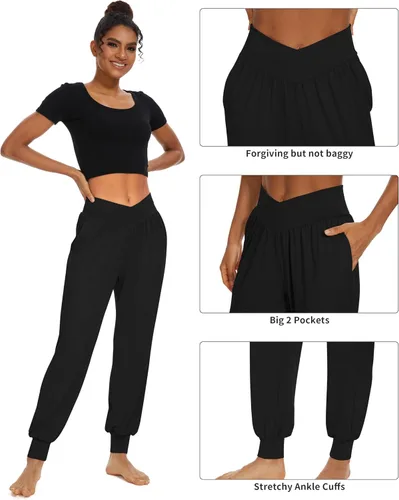 Vista 6 de Anbenser Pantalones deportivos de cintura alta para mujer, pantalones deportivos cruzados para yoga, con bolsillos