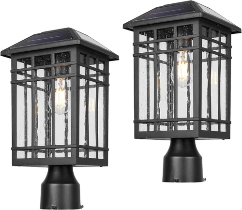 Vista 12 de Luces de poste solares para exteriores, lámparas de poste negro impermeables y antioxidantes con vidrio transparente, lámpara LED alimentada por