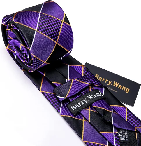 Vista 5 de Barry.Wang Juego de corbatas a cuadros para hombre con pañuelo gemelos de rayas clásicas