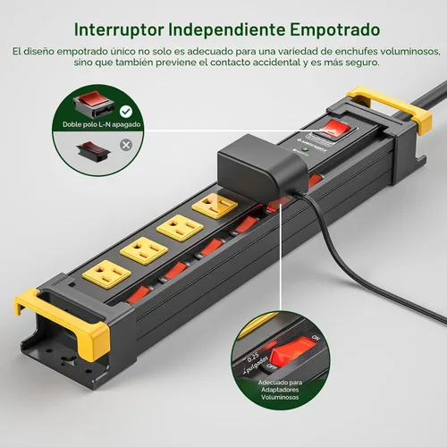 Vista 2 de Regleta de alimentación resistente de 6 salidas con interruptores individuales, protector de sobretensiones 3300J, regleta de alimentación